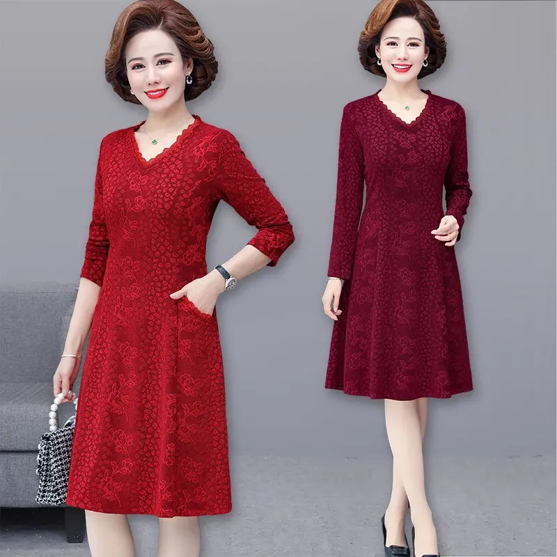 Spring and Autumn  Dresses Jacquard  V-neck  Dress Women Vintage Long Sleeves Ladies Office Robe Dresses