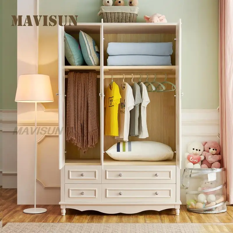 American Style Solid Wood Wardrobe With Drawer Simple Household Bedroom Furniture Three-Door White Clothing Cupboard For Child