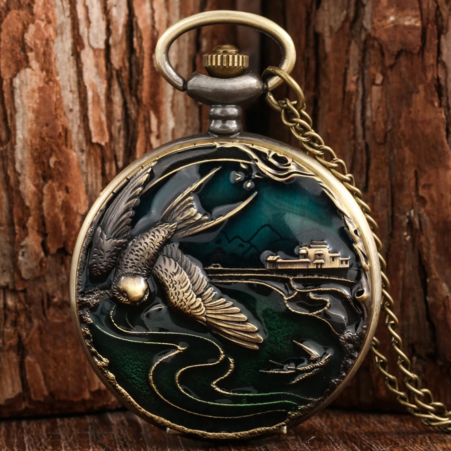 Bronze Crane/Elk/Elephant Animal Quartz Pocket Watch Round Dial Pocket Necklace Pendant Sweater Chain Pocket Clock for Men Women