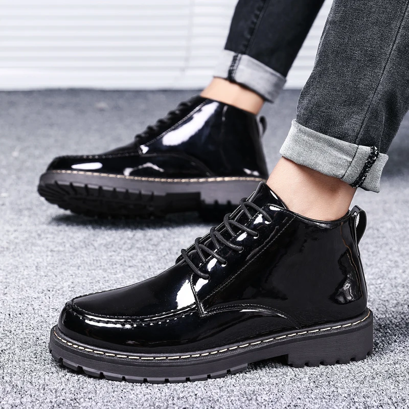 New Patent Leather Boots Men British Style Gothic Ankle Boots Punk Men Black Motorcycle Oxford Boots Thick Sole High Top Shoes