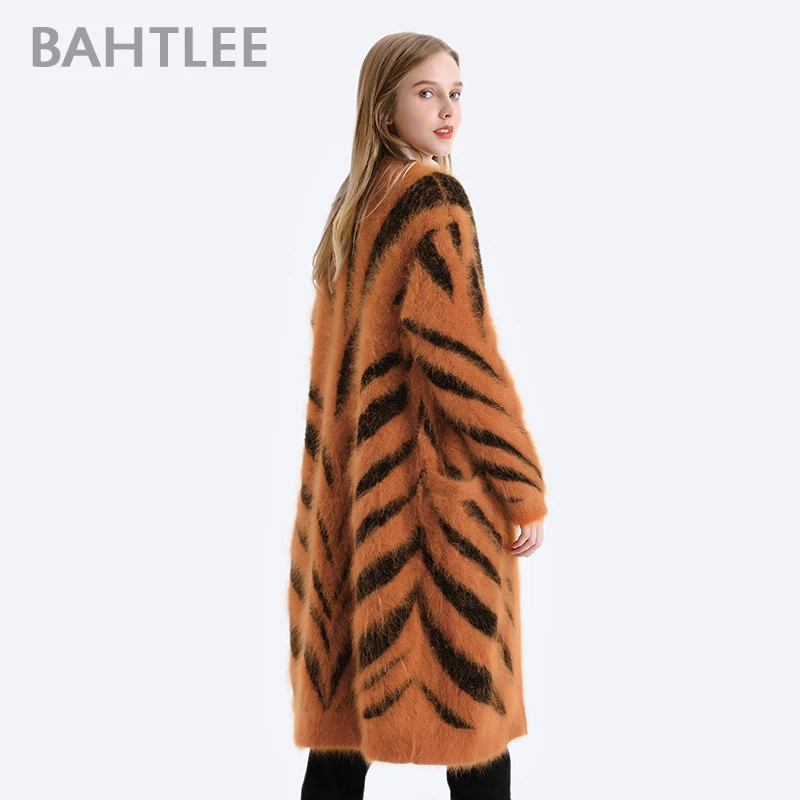 BAHTLEE-Women\'s Long Cardigans, Angora，Tiger Stripe, Leopard Pattern, Wool Knitted Coat, Open Stitch Jumper, Winter