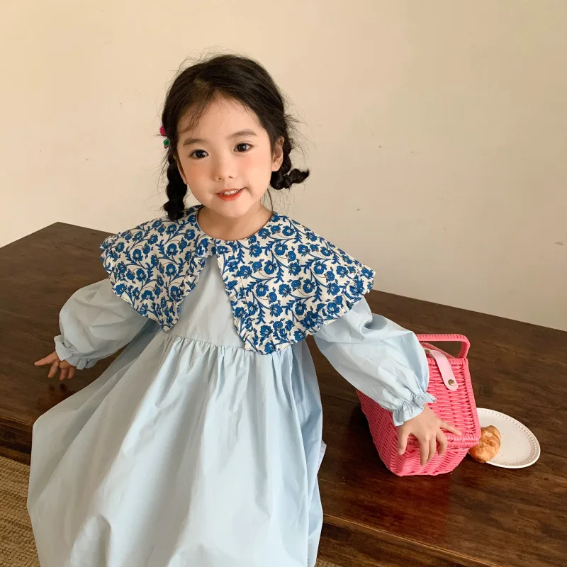 MILANCE Spring Kids Clothes Girls Dress Long Sleeve Floral Turn-down Collar Solid Casual Dresses