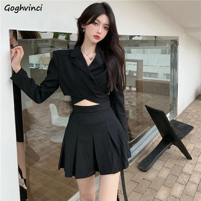 2 Piece Sets Women Solid Vintage Cropped Notched Criss-cross Blazers Mini Pleated Jupe All-match Leisure Tender Female Ulzzang