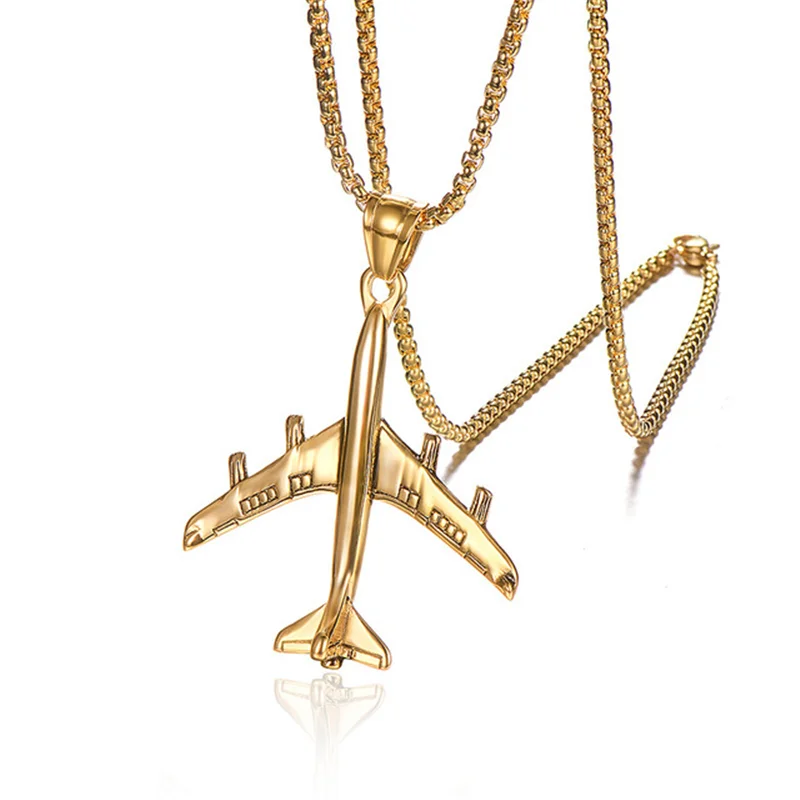 Airplane Pendant Necklace For Women Men Gold Color Stainless Steel Box Link Chain Aircraft Necklace Fashion Wholesale Jewelry