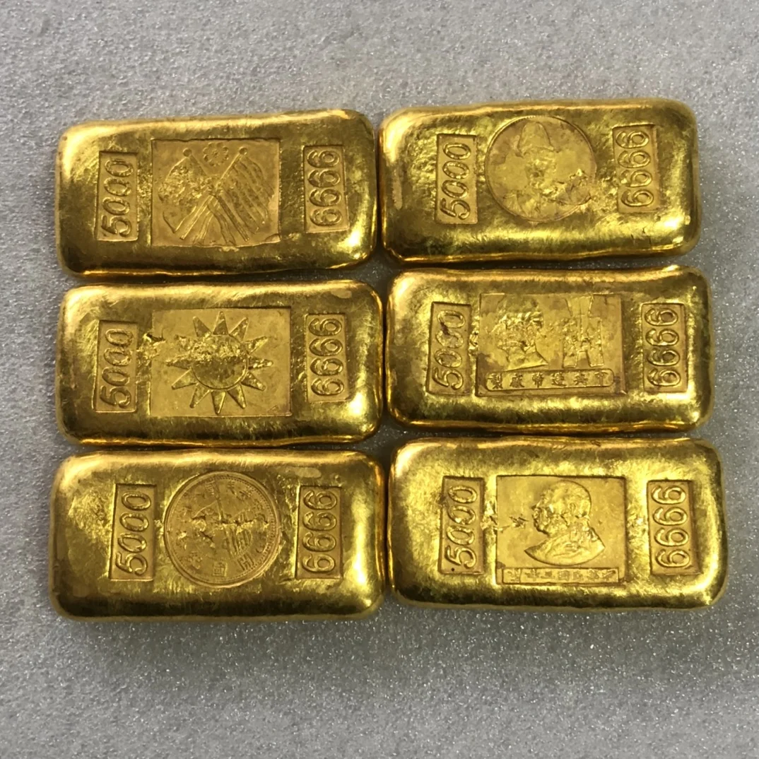 Exquisite Antique Republic of China Copper Gilded Gold Ingot 6pcs Set /Pattern sent randomly