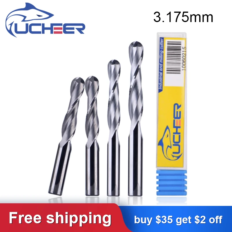 UCHEER 1pcs 3.175mm 2 Flute Spiral ball nose end mill CNC router bits for wood tungsten carbide milling route tool