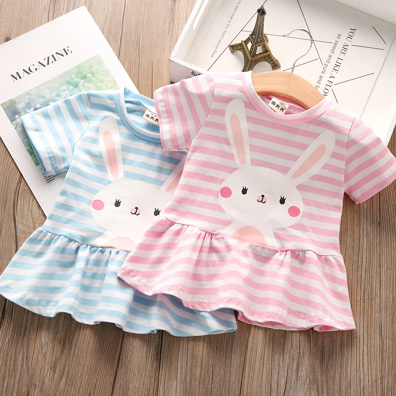 

Baby girl summer cute rabbit printed striped t-shirt kids casual short sleeve cotton top tees