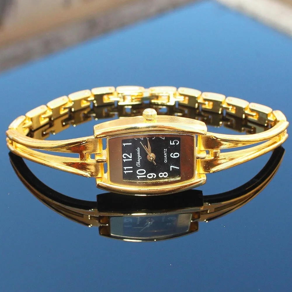 Fashion Crystal Silver Gold Lady Women Girl Stainless Steel Strap Quartz Analog Dress Wristwatch