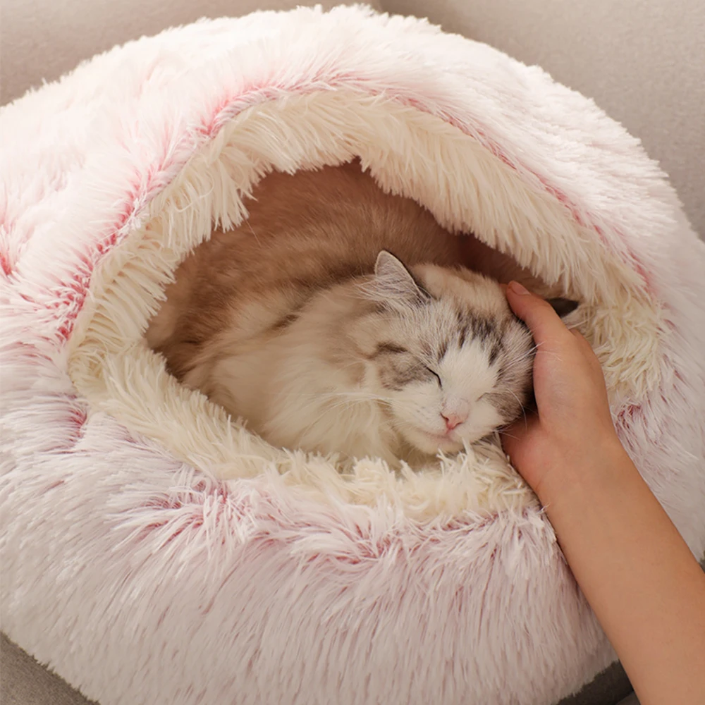 Round Plush Cat Bed Deep Sleep Bed For Cats Winter Warm Dog House Cushion Luxury Long Plush Kitten  Puppy Sleeping Sofa Nest