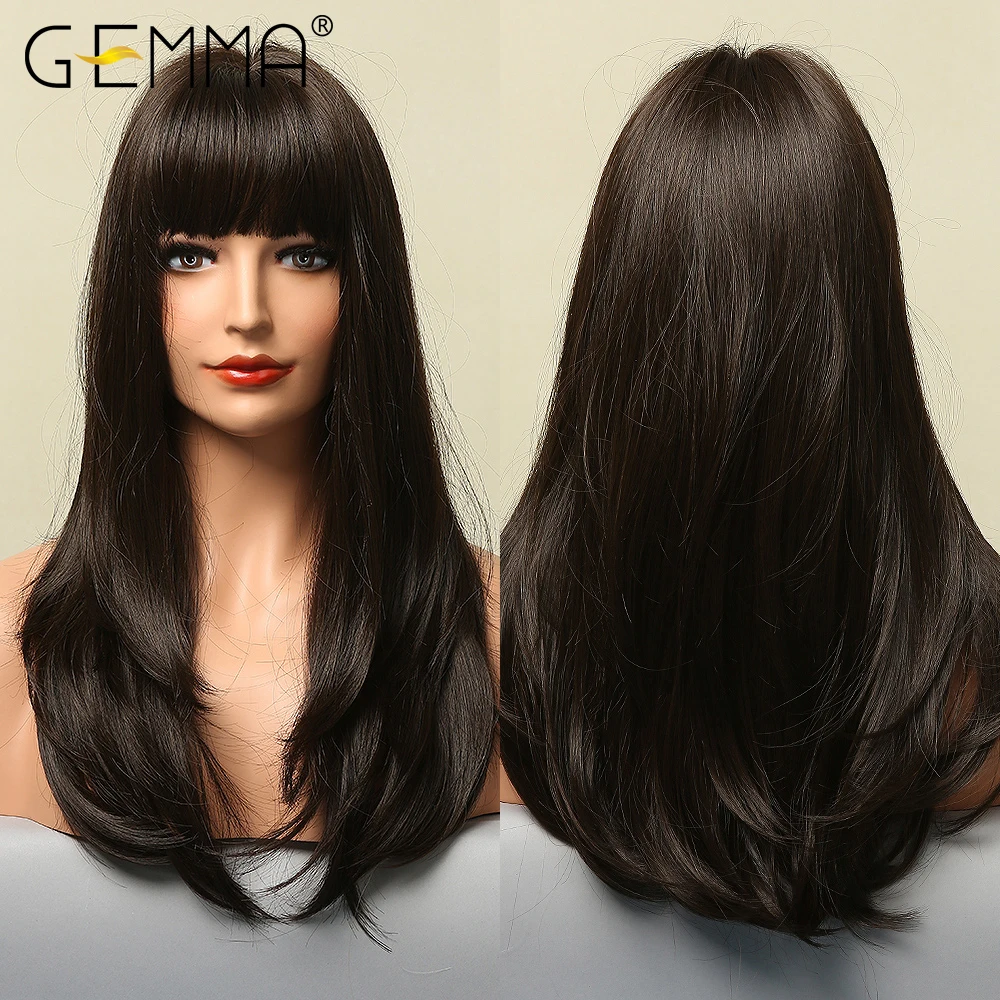 GEMMA Long Straight Ombre Black Orange Wine Red Wig with Bangs Synthetic Wigs for Women Heat Resistant Layered Cosplay Daily Wig