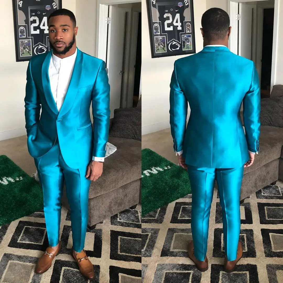 

New Designs 2021 Custom Made Men Suits Terno Slim Fit Shawl Lapel Blue Satin Prom Tuxedos Wedding Groomsman Blazer Pants Set