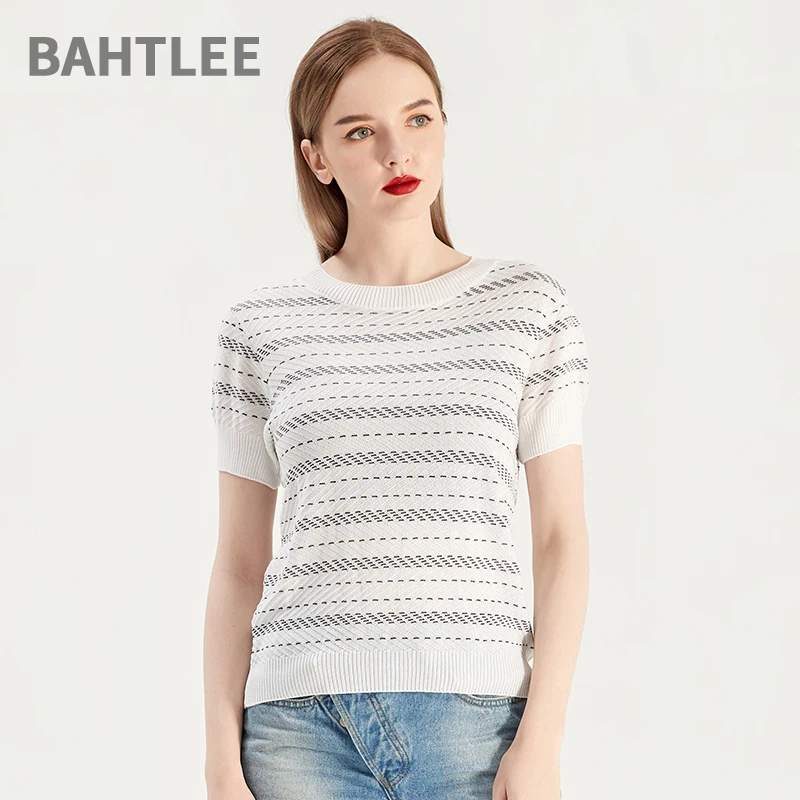 

BAHTLEE-Lyocell Stripe Knitted Sweaters for Women, Short Sleeves, O-Neck Pullovers, Jacquard Weave, 4 Colors, Summer