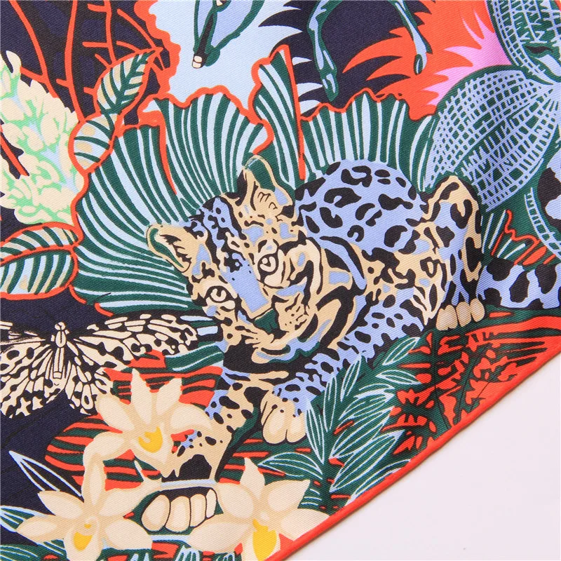 Manual Hand Rolled Twill Silk Scarf Women Animals Print Square Scarves Wraps Echarpe Curled Foulards Femme Bandana Hijabs 90CM