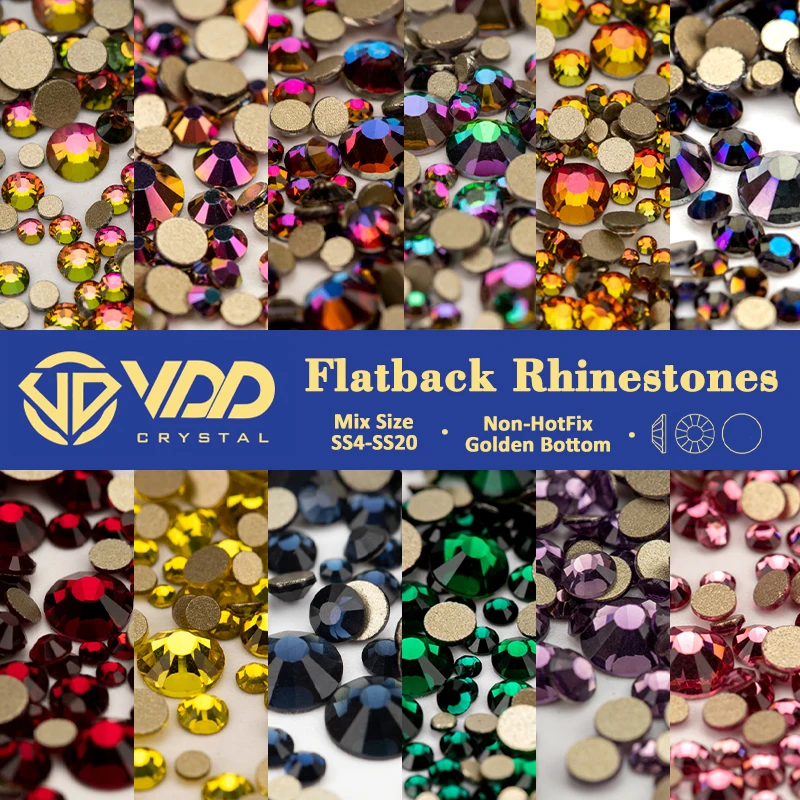 VDD SS4-SS20 Mix Size Clear Crystal Non-Hotfix Gold FlatBack Rhinestones Decorations DIY Glitter Stones 3D Nail Art Accessories