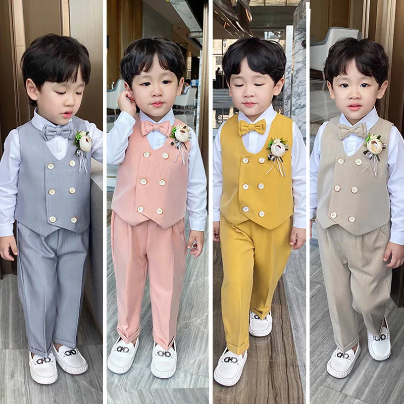 

Boy's Double Breasted Vest Set Autumn New Korean Children's Party Piano Performance Costume Kids Waistcoat Pants Clothing Set