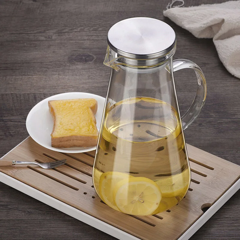 Jarra de agua de vidrio resistente al calor para el hogar con tapa de acero inoxidable con pico de pato, olla de jugo casera de gran capacidad con mango, nueva