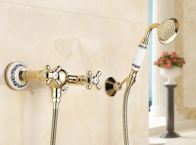 

Luxury Gold Color Brass Double Hole Wall Mounted Bathtub Faucet with Handheld Shower Set +150CM Hose Mixer Tap 2tf405