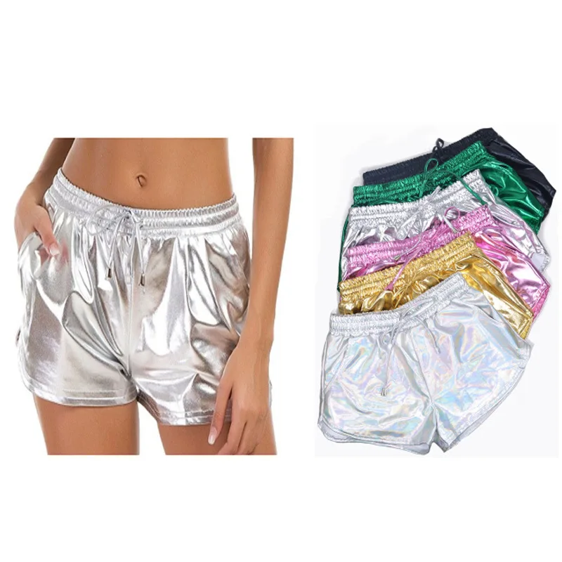 Women's Shiny Metallic Hot Shorts, Holographic Wet Look, Casual Elastic Drawstring, Festival Rave Booty Shorts, Summer