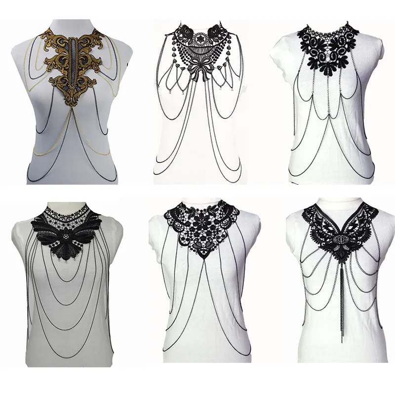 Lace Flower Body Chain Necklace Women Flower Collar Hollow Out Gothic Multilayer Chain Statement Jewelry Cosplay Accessories Emo