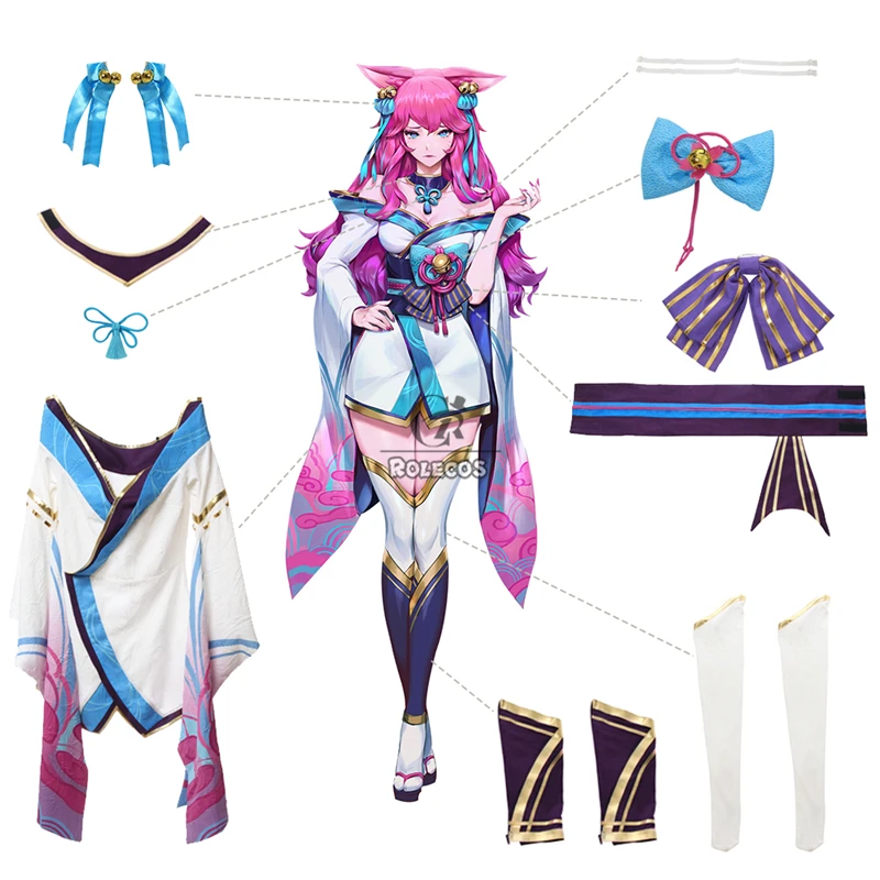 Rolecos Lol Spirit Blossom Ahri Cosplay Kostuum Ahri Cosplay Pruik Spel Lol Ahri Kostuum Vrouwen Kimono Volledige Set Chinese Jurk