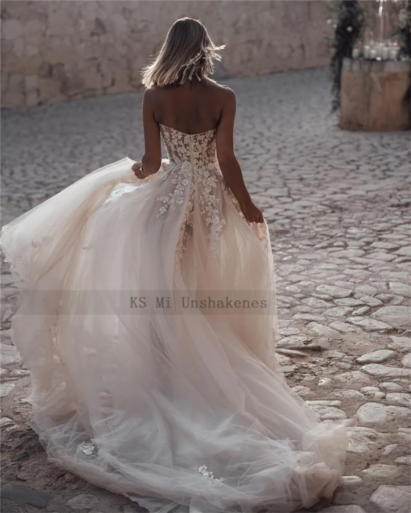 Robe de mariée en dentelle style Boho, tenue de princesse Vintage avec perles, Champagne, tenue de mariage longue avec traîne, collection 2021