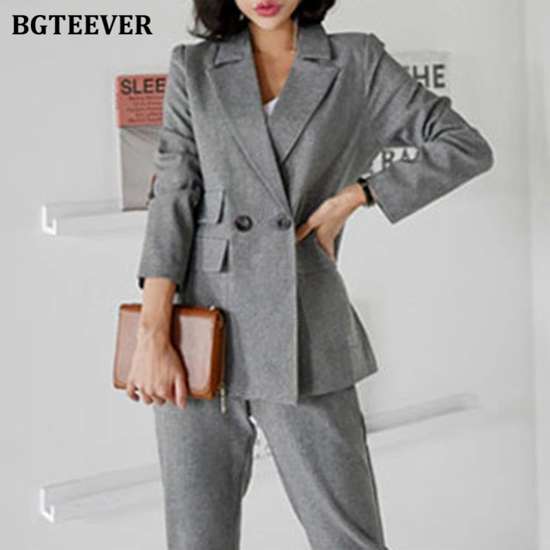 BGTEEVER Two-piece Women Trousers Suits Long sleeve Double Solid Blazer Pants Sets Office Ladies Elegant Pant Suits 2021 Autumn