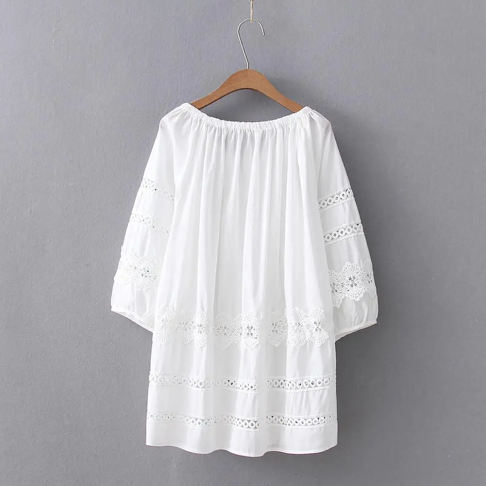 Bohemian Chic Beach Cover Up Lace Stitching Summer Tops Ladies Tassel Drawstring Lace-Up Womens Blouses bluzki damskie