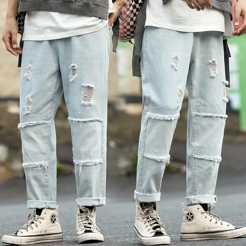 

Ripped summer thin new youth tide brand fashion wild stitching loose straight jeans overalls clothing trouser