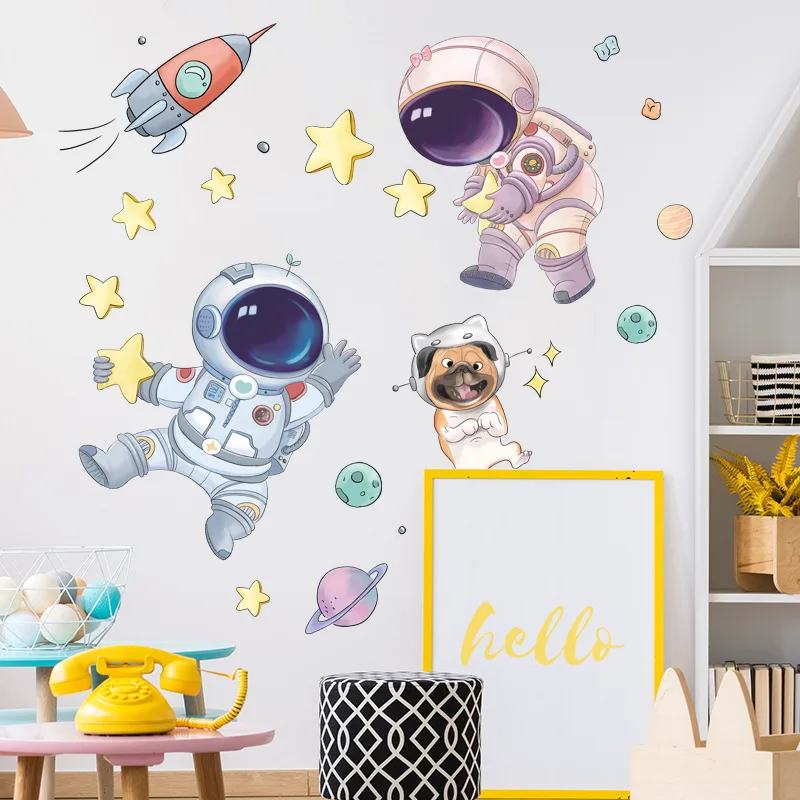 Space Astronaut Wall Stickers Children\'s Room Kindergarten Universe Starry Cartoon Cute Background Wall Wallpaper Self-Adhesive
