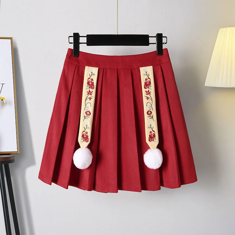 Winter Modern Women Hanfu Embroidery Red Top Hoodies Cotton Warm Chinese Pleated Skirt Plus Size Girl Fairy Cosplay Costumes