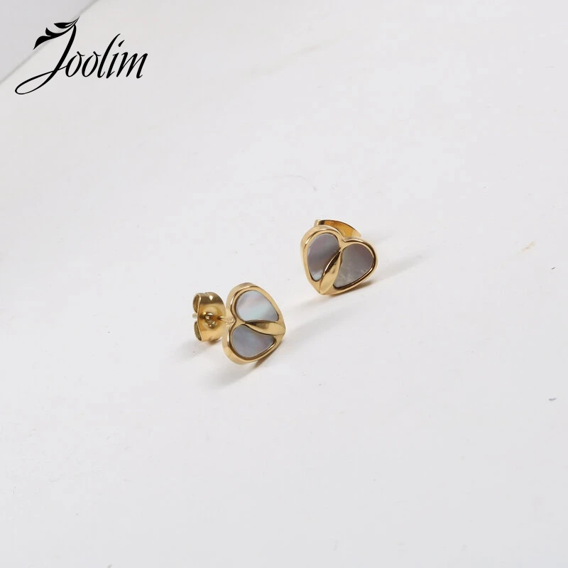 

Joolim Jewelry Waterproof & Tarnish Free Minimalist PVD Fashion White Fritillaria Heart Shaped Stud Stainless Steel Earring