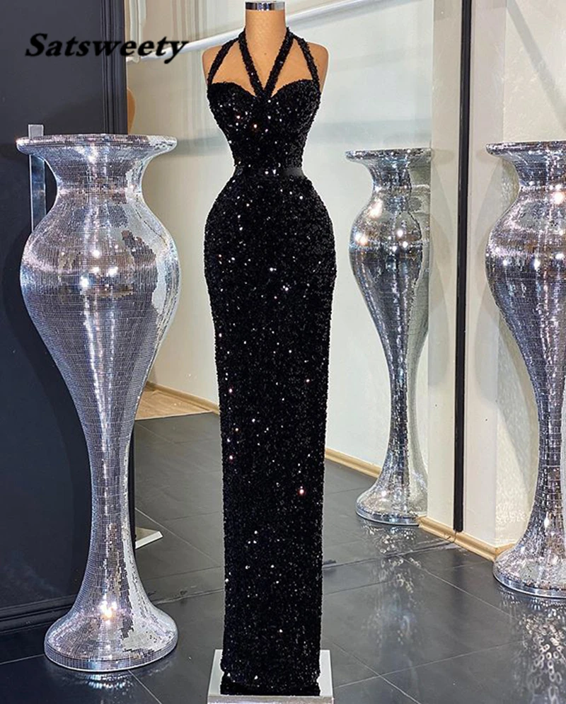 Real Sample Skinny Black Long Evening Dresses Sexy Sleeveless Dubai Style African Women Sequin Formal Gowns