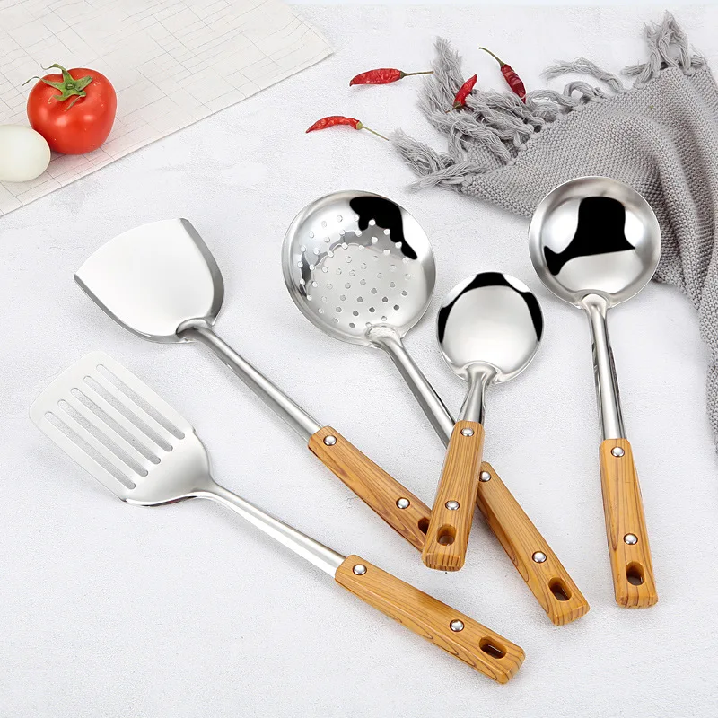 

Jaswehome Cooking Utensil Sets Wooden Wok Spatula Kitchen Tools Set Stainless Steel Soup Spoon Skimmer Ladle