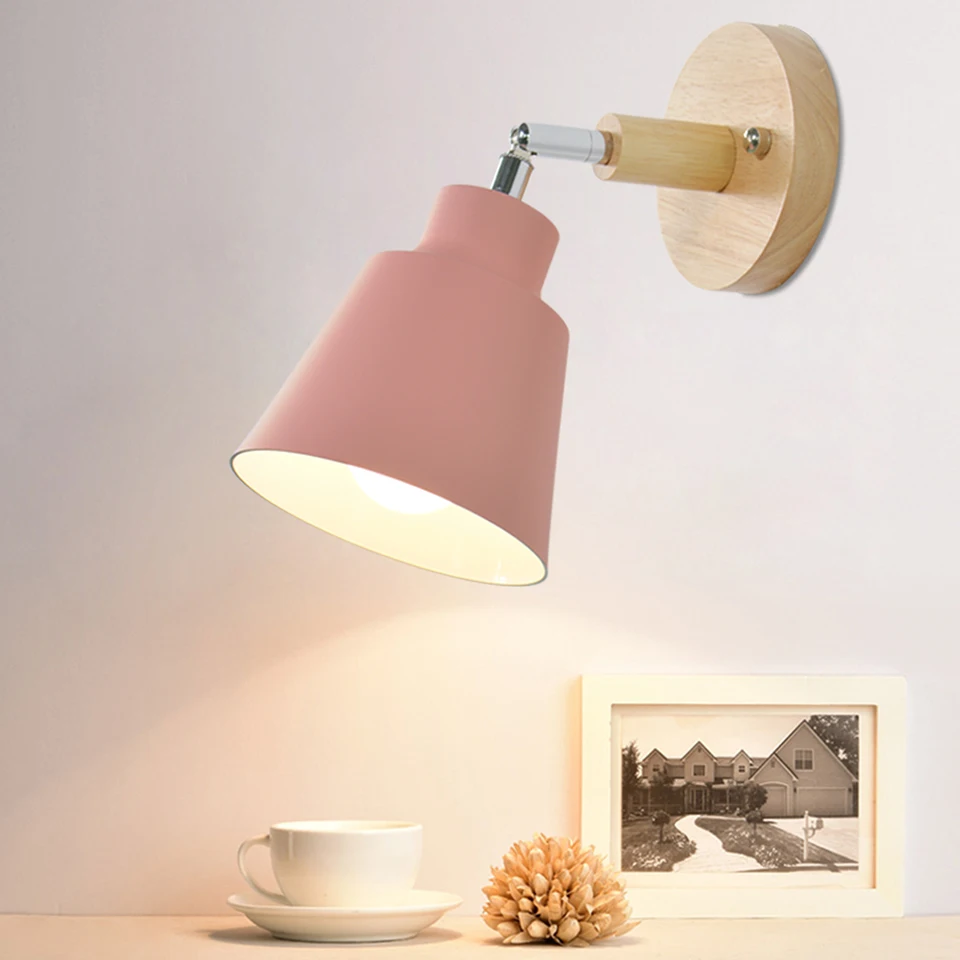 Nordic Wall Lamps With Switch Bedside Wall Lamps Modern Wooden Bedroom Bracket Steering Head Wall Sconce E27 Home Light