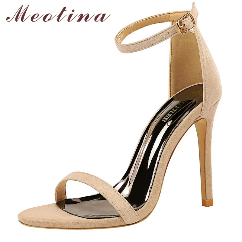 Meotina Women Shoes Fashion Ankle Strap Pumps Thin Super High Heel Sandals Buckle Strap Party Ladies Footwear Summer Khaki 40