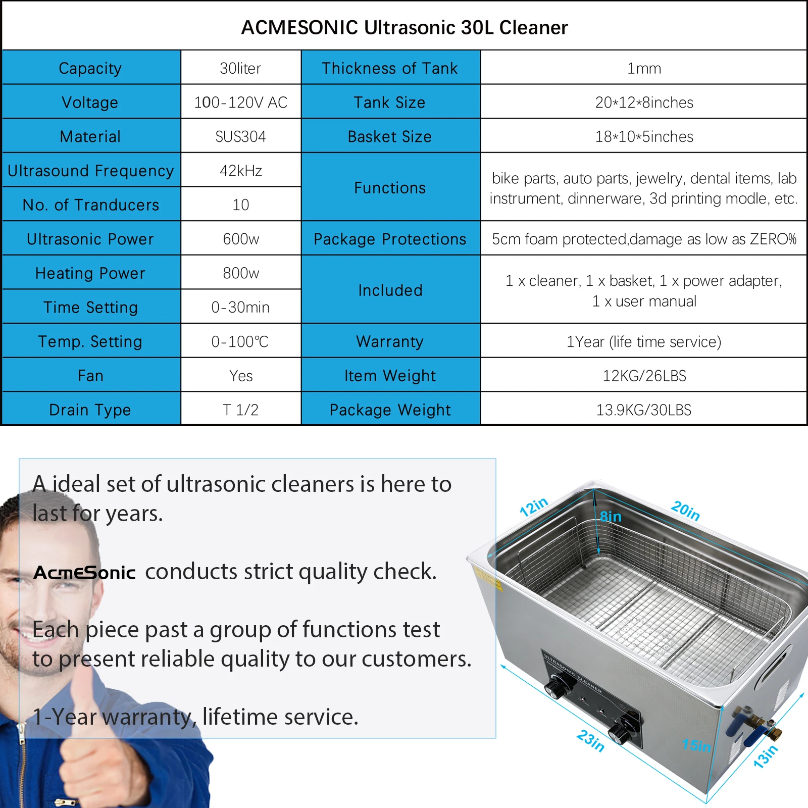 ACMESONIC 30L коммерческий Ультразвуковой очиститель с нагревателем таймер 10 трандукторов 800 Вт + 600 Вт 42 кгц для карбонов велосипедная цепь латунь