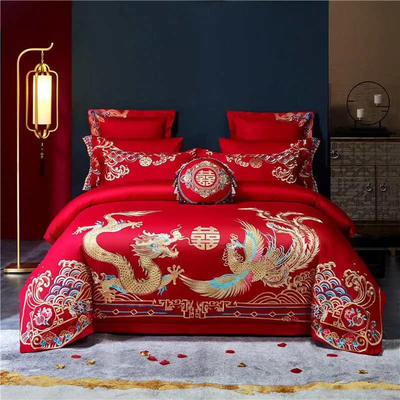 Luxury Chinese Wedding Bedding Set Golden Loong Phoenix Embroidery 100%Cotton RED Duvet Cover Bed Sheet Pillowcases Home Textile