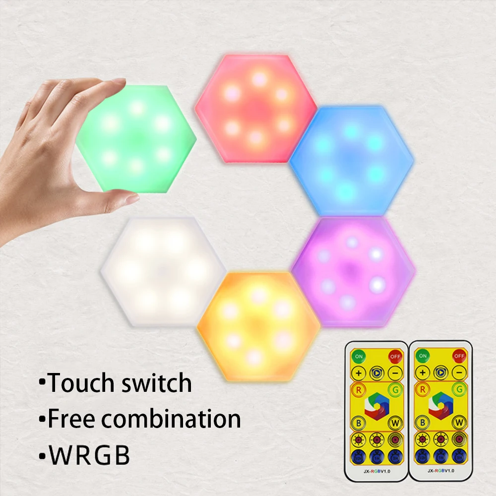 6pc Honeycomb Quantum Hexagon DIY Changeable Colorful Night Light with Remote Control for Bedroom Living Dining Room Wall Decor