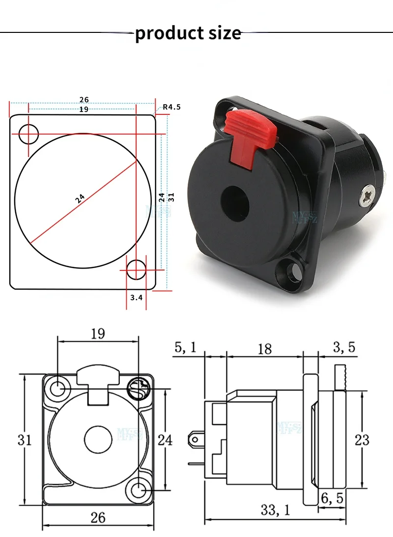 6,35 mm żeńskie gniazdo typu D 1/4 cala Stereo TRS żeńskie gniazdo Jack do montażu panelowego Kabel mikrofonu audio do panelu 86