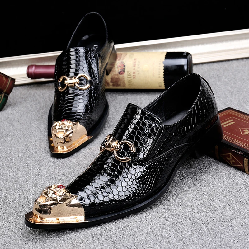 Summer Business Dress Men\'s shoes Black Snake Embossed Genuine Leather Shoes Dragon Head pointed Party Trend Wedding shoes