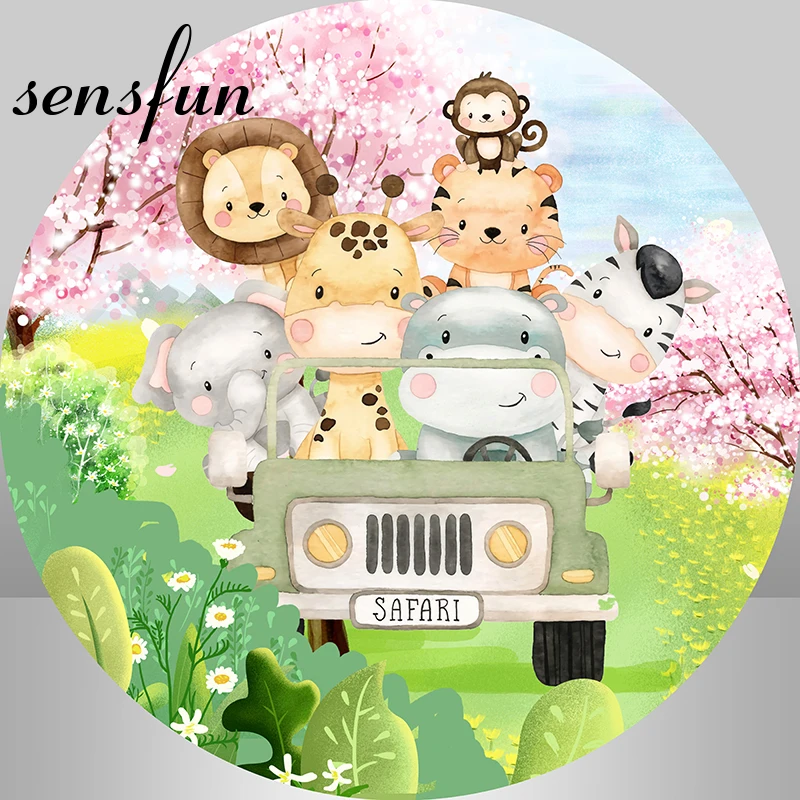 Sensfun-غطاء خلفية دائري لحفلة عيد الميلاد والحيوانات والسيارات والسفاري والغابة والزهور والشجرة والمراعي والخلفية الدائرية