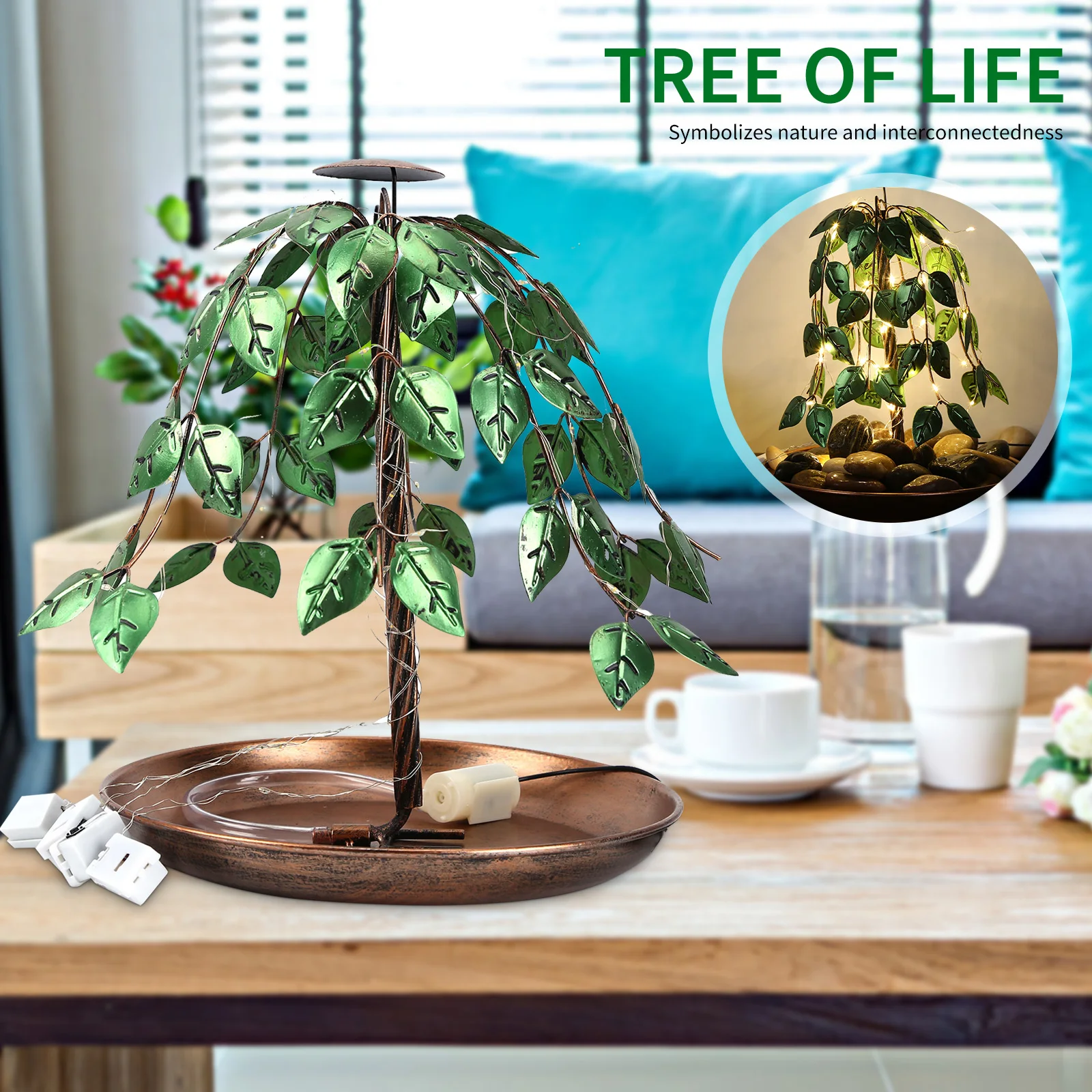 Tree of Life Tabletop Fountain Artificial Willow Waterfall Fountain Tree Ornaments Home Table Decoration Lamp for Living Room