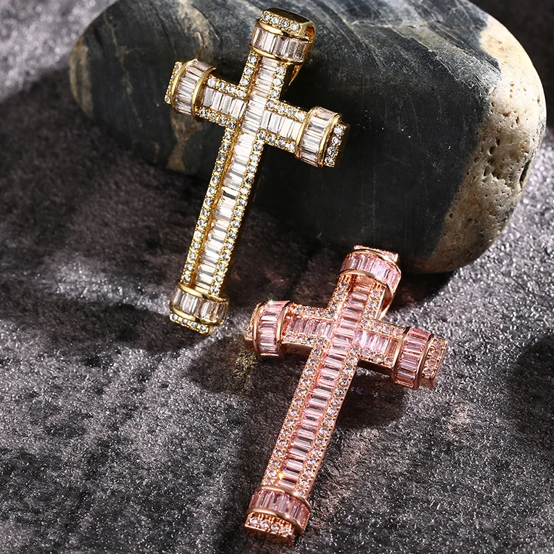 

Hip Hop Micro Paved Cubic Zirconia Bling Ice Out Cross Pendants Necklace for Men Women Rapper Jewelry Rose Gold Silver Color