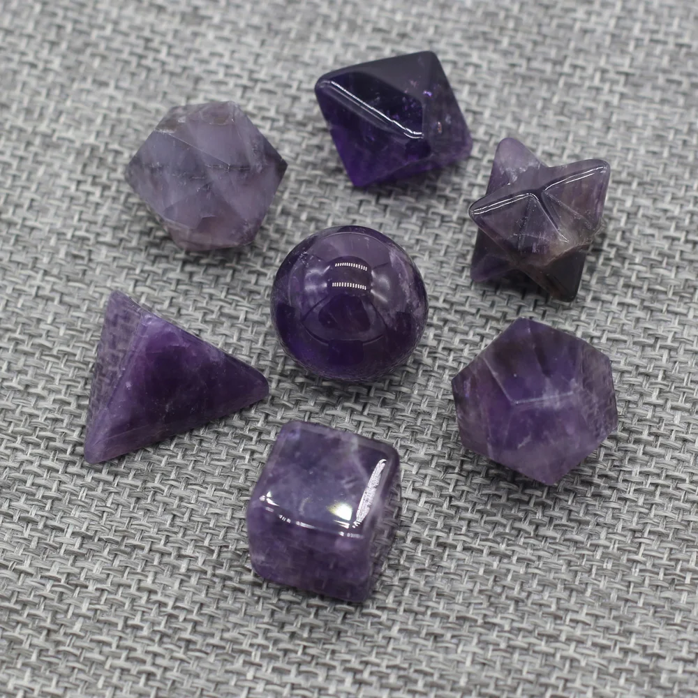 7Pcs Natural Stone Reiki Heal Amethysts Platonic Solids Energy Icosahedron Tetrahedron Crystal for Home Decoration Stone