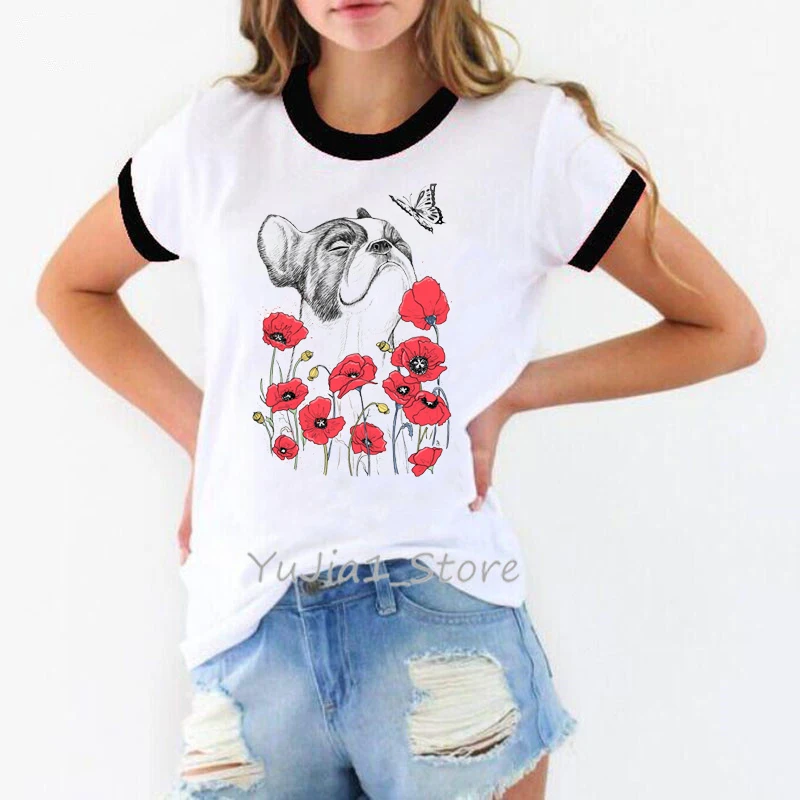 Funny Pug With Poppies Art Print Women Shirts Female Kawaii T Shirt Dog Lover Clothes Camisas Mujer Tops Tees Drop Shipping