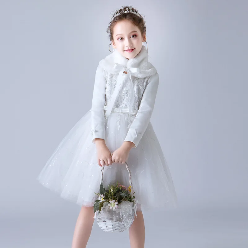 Flower Girl Winter Quilted Dress With Fur Collar Birthday Dresses Lace Girls' Flower Embroider Wedding Party Tulle Formal