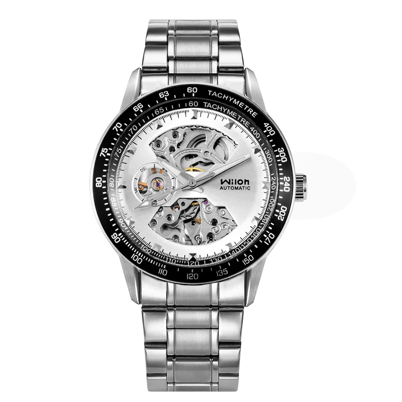 Fully Automatic Mechanical Men's Watches Business Stainless Steel Hollow Dial Digital Frame Arc Mirror Male Dress Watch Wilon923