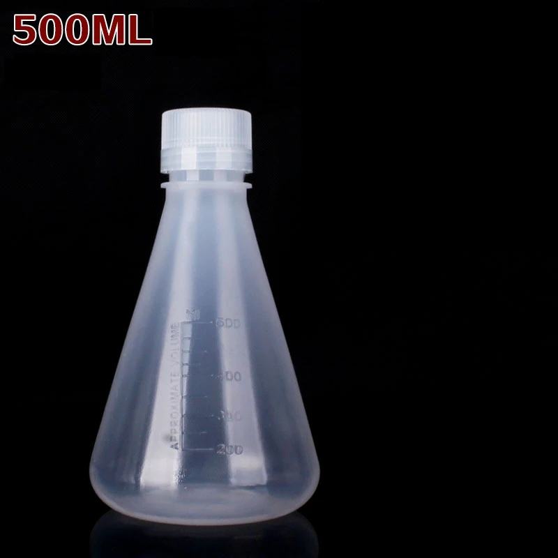 Flcopropriété Erlenmeyer Conique en Plastique Polypropylène avec Bouchon à Vis PE, Graduations Moulées, 25ml, 50ml, 100ml, 500ml, 1000ml, 2000ml