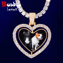 Custom Made Photo Rotating Double-Sided Heart Pendant Necklace Zircon Men's Hip Hop Rock Jewelry