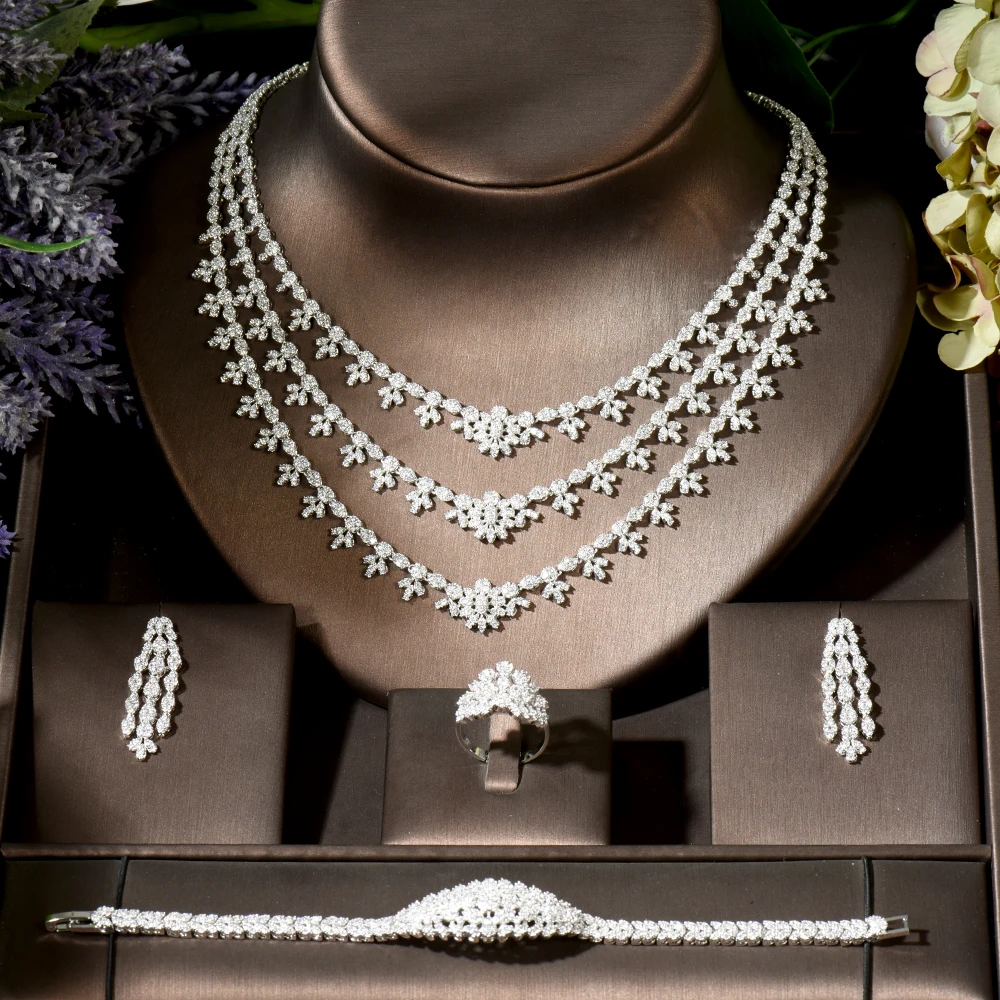 HIBRIDE 3 Layers Leaf  African Jewelry Set For Women Wedding Party Cubic Zirconia Dubai Bridal Jewelry Set Indian 2021 N-1855